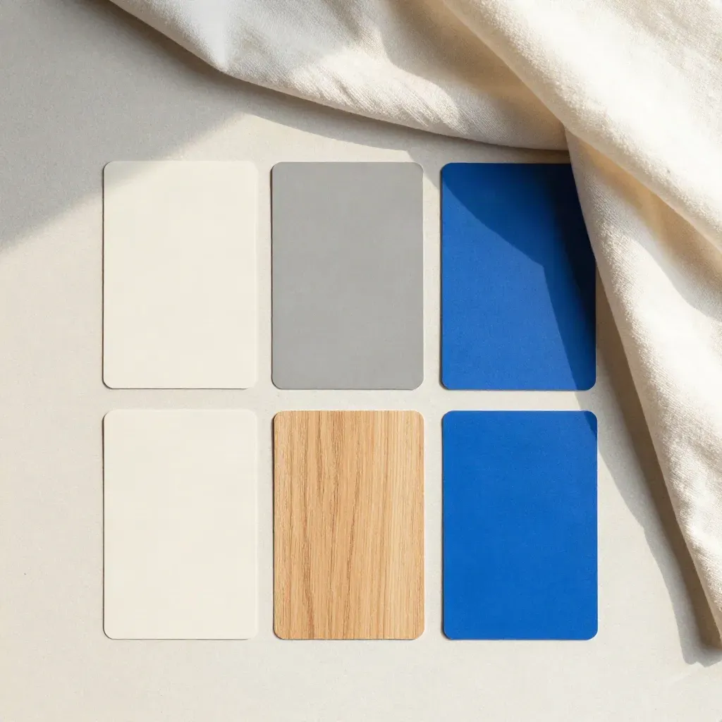 Overhead flatlay of brand kit swatches, matte cards, and folded cream fabric on a cream tabletop.