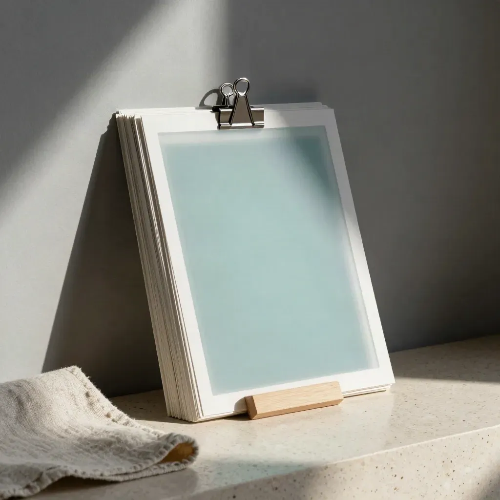 Pitch-deck mockup stack beside folded linen on travertine with cyan glow.