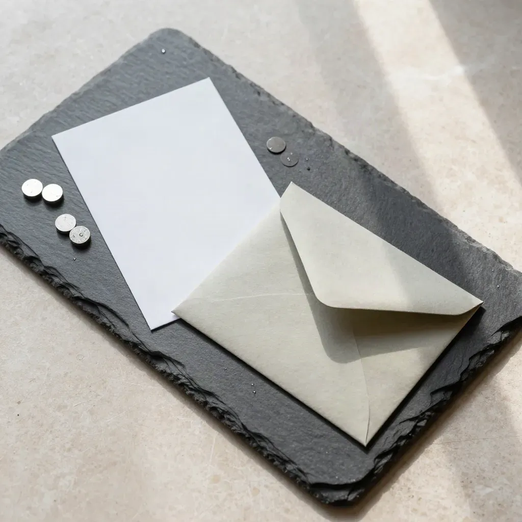 Top-down slate tray with feedback cards, sample tokens and a clipped envelope sleeve in cool rain haze.
