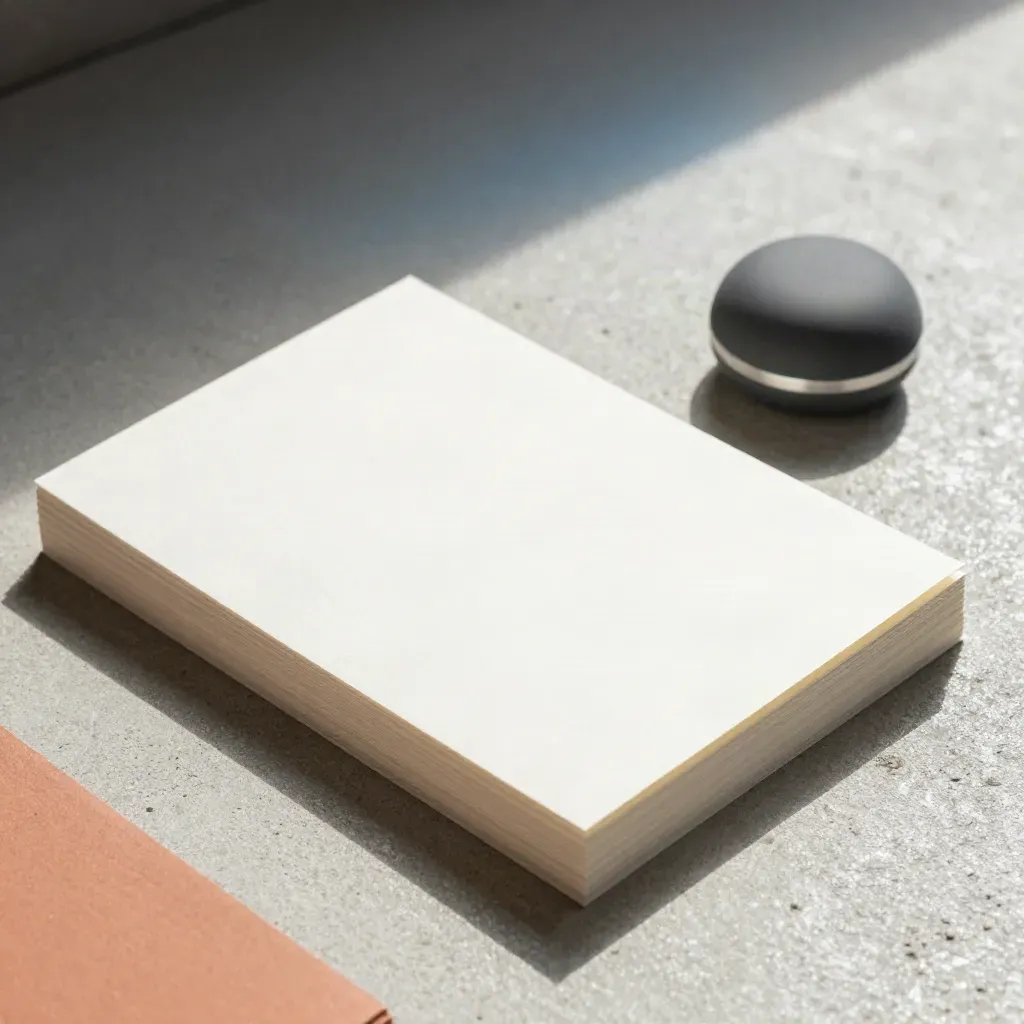 Macro of blank agenda cards, a speaker puck and folded note cards on pale concrete with a diagonal shadow.