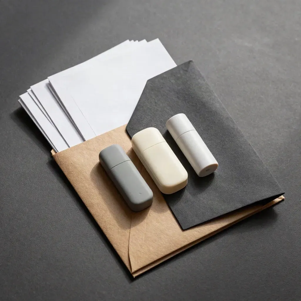 Top-down beta tester pack with sealed envelopes, device shells and response slips on charcoal.
