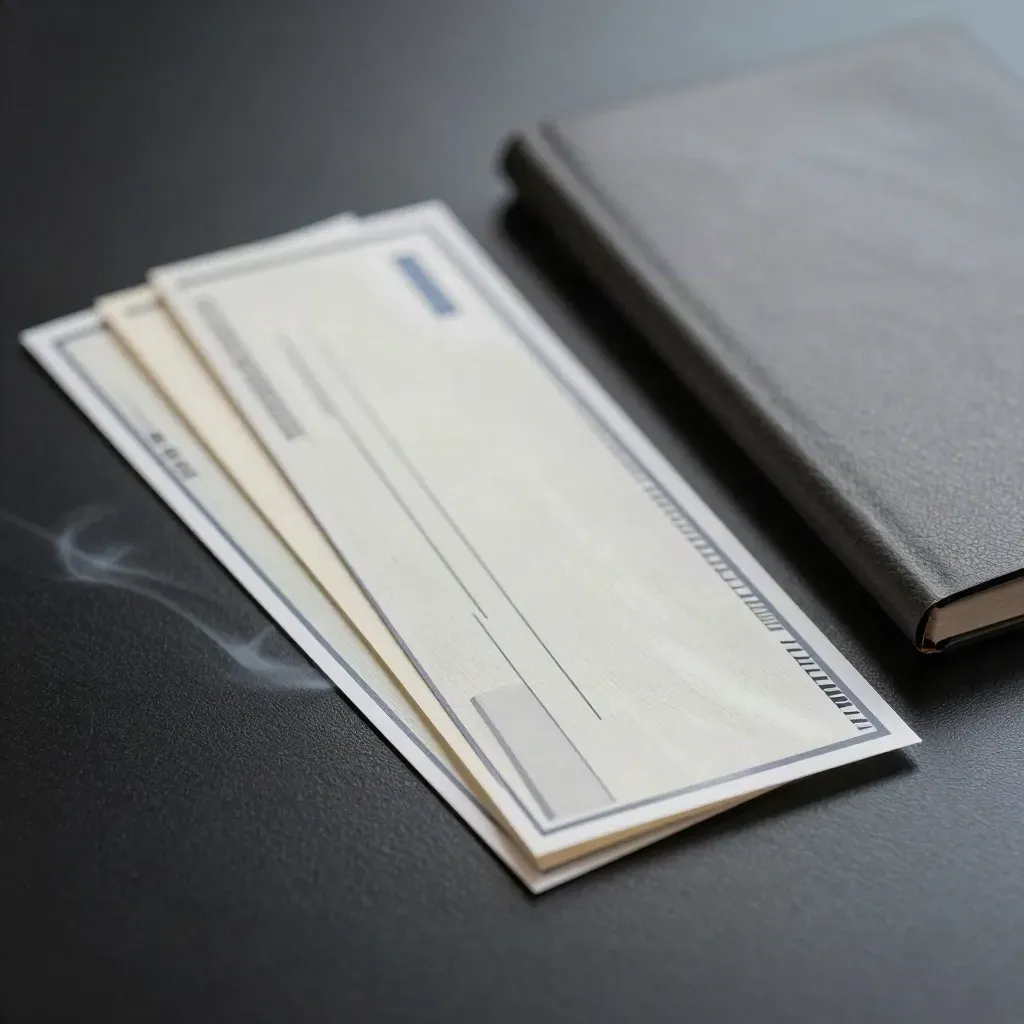 Acetate name-check strips and tabs with a turned-away notebook on matte black, blue rim-lit in haze.