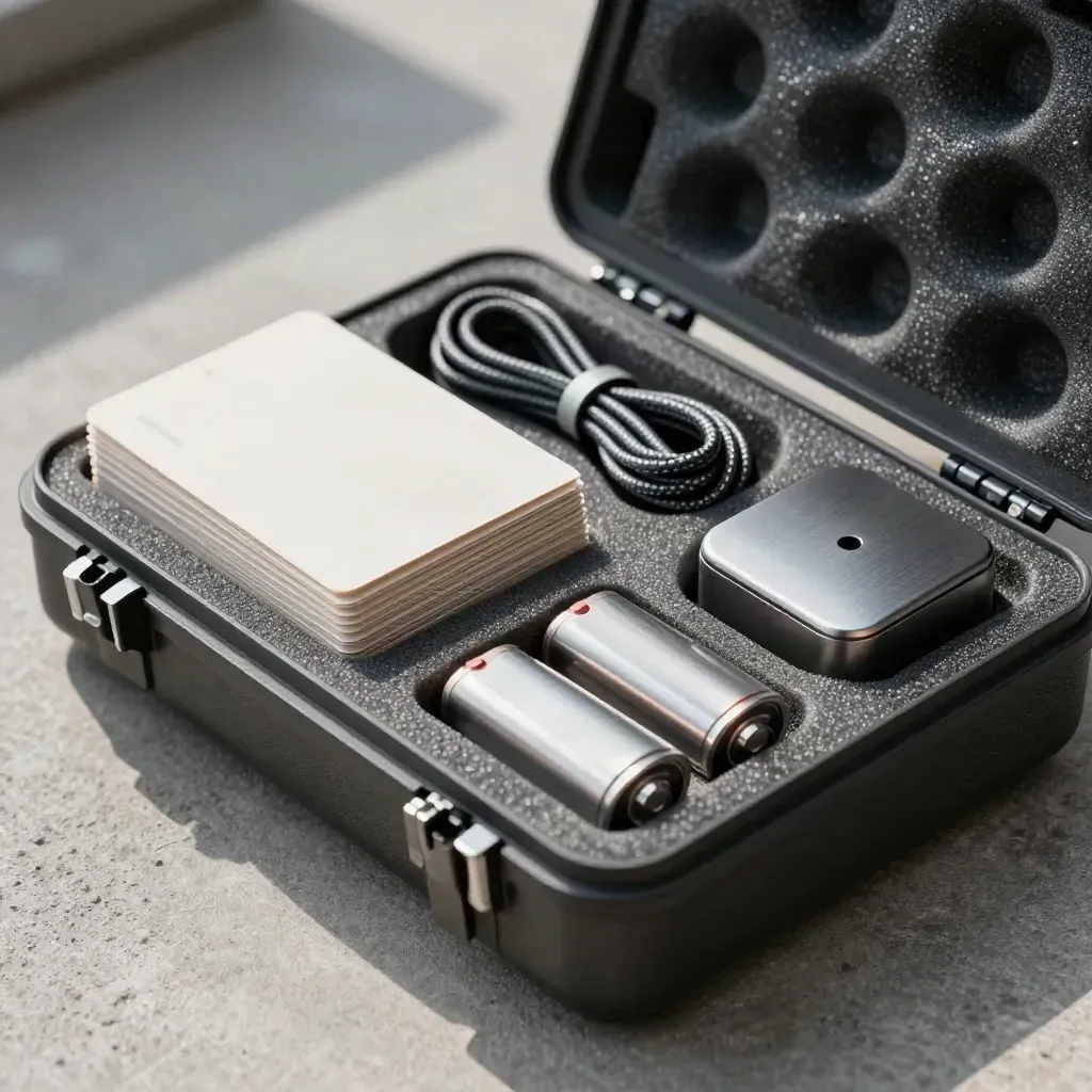 Foam tray with cards, cable coil, batteries and timer puck in dramatic raking light.