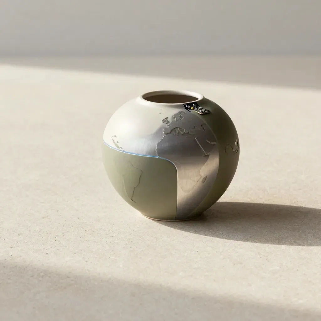 Limestone surface with ceramic vessel, prototype parts and a faint electric-blue reflection.