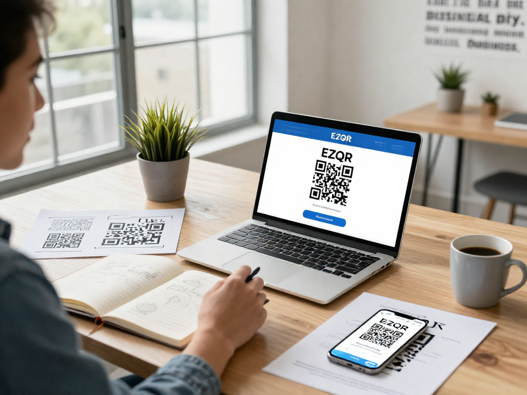 Professional workspace showcasing QR Code Generator Canada on laptop with printed QR codes, natural light, and creative materials.